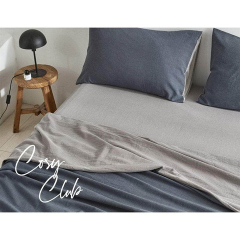 Cotton Bed Sheets Set Navy Grey Cover Single