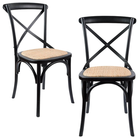 Crossback Dining Chair Set Of 2 Solid Birch Timber Wood Ratan Seat - Black