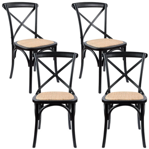 Crossback Dining Chair Set Of 4 Solid Birch Timber Wood Ratan Seat - Black