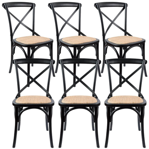 Crossback Dining Chair Set Of 6 Solid Birch Timber Wood Ratan Seat - Black