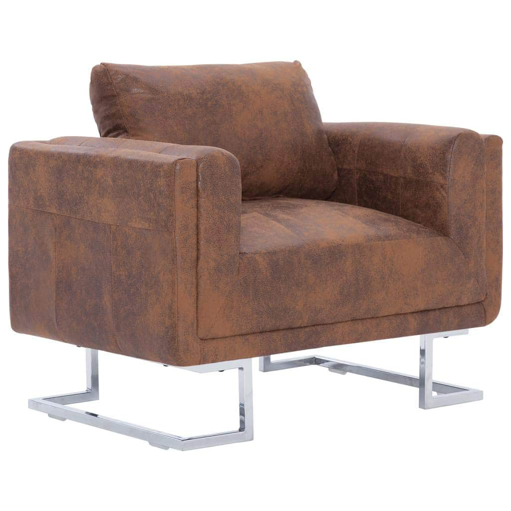 Cube Armchair Brown Suede Leather