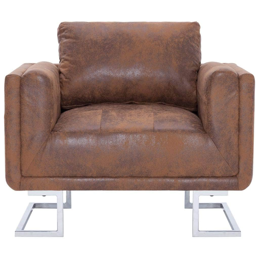 Cube Armchair Brown Suede Leather