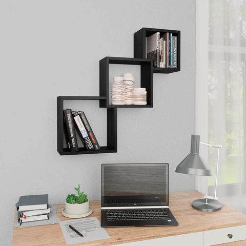 Cube Wall Shelves Black Chipboard