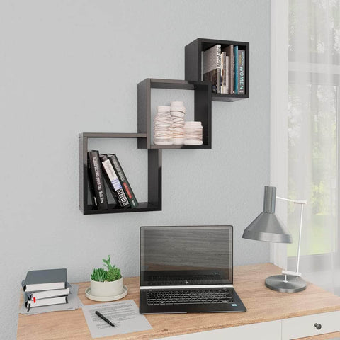 Cube Wall Shelves High Gloss Black Chipboard