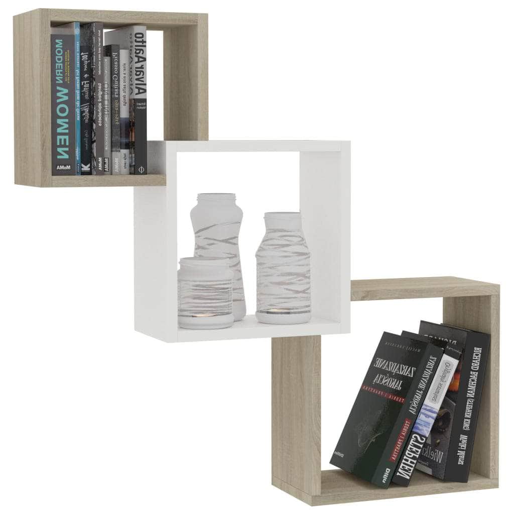 Cube Wall Shelves White and Sonoma Oak Chipboard