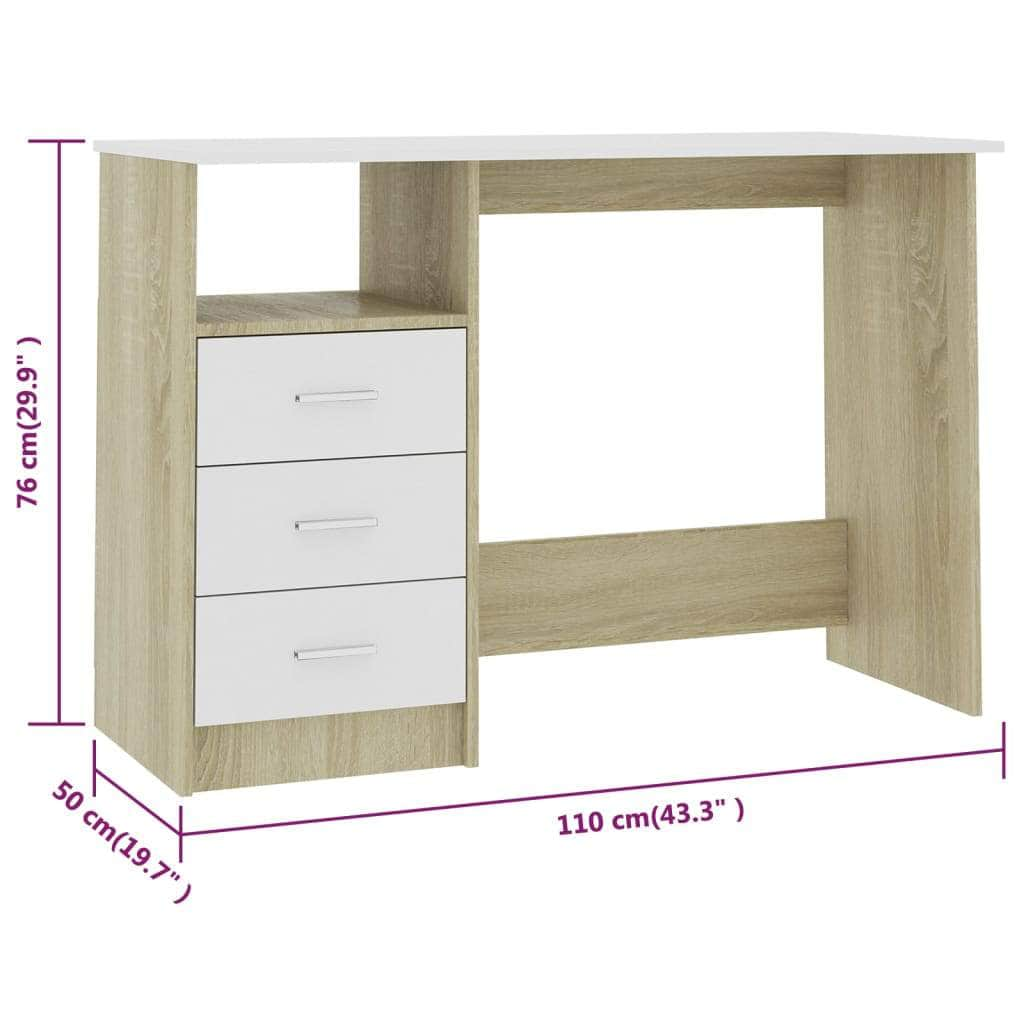 Desk with Drawers White and Sonoma Oak  Chipboard