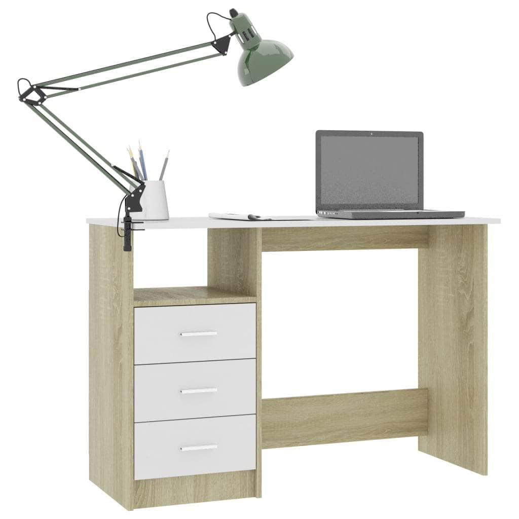 Desk with Drawers White and Sonoma Oak  Chipboard