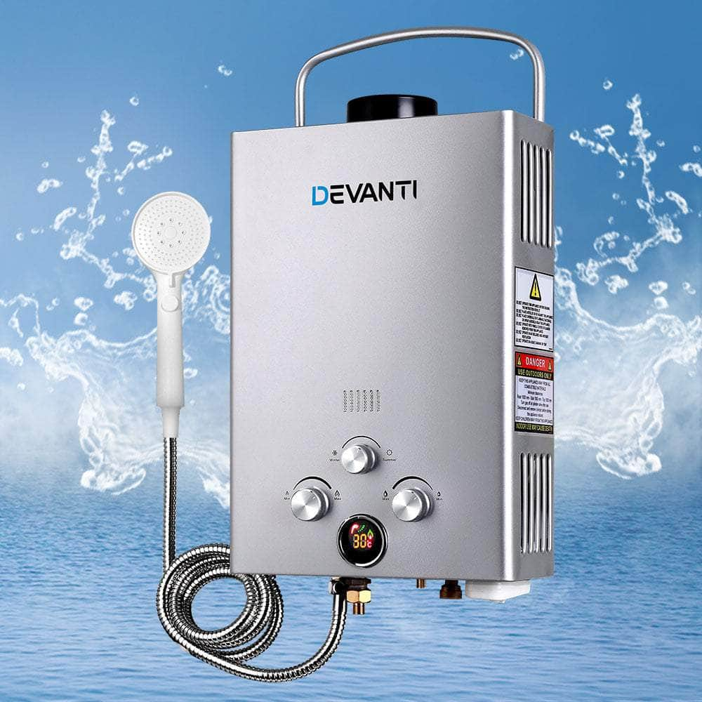 DEVANTi Outdoor Portable Gas Hot Water Heater Shower Camping LPG Caravan Pump Silver