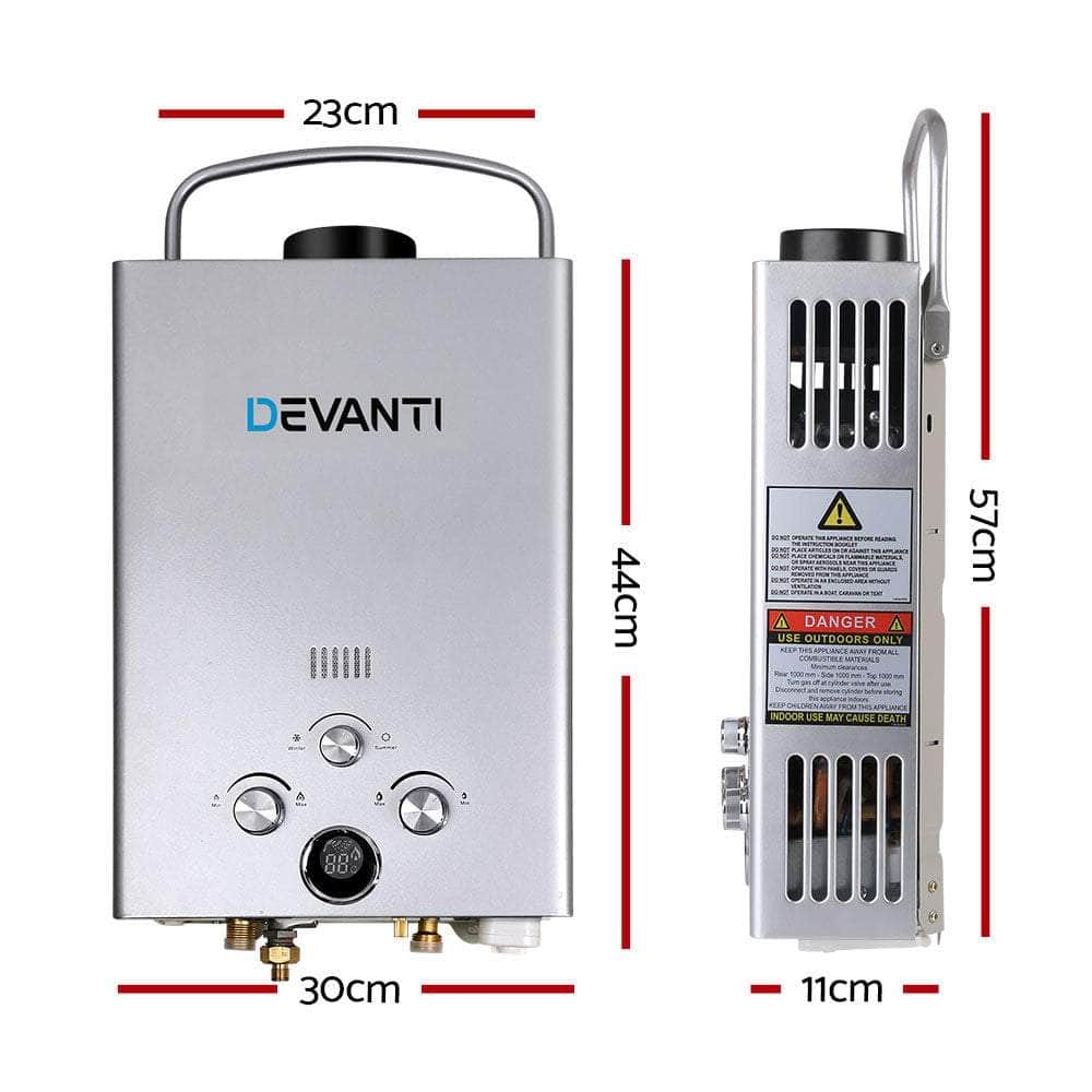 DEVANTi Outdoor Portable Gas Hot Water Heater Shower Camping LPG Caravan Pump Silver