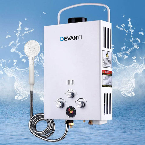 DEVANTi Outdoor Portable Gas Hot Water Heater Shower Camping LPG Caravan Pump White