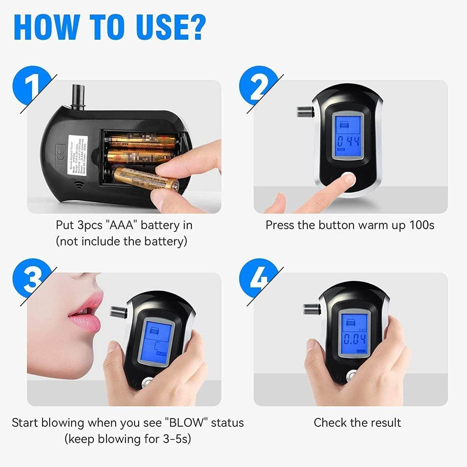 Digital Breath Alcohol Breathalyser Alcohol Breath Tester LCD with 5 Mouthpieces