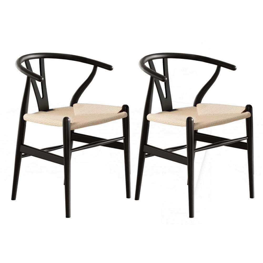 Dining Chairs Wooden Rattan Wishbone Black/Oak