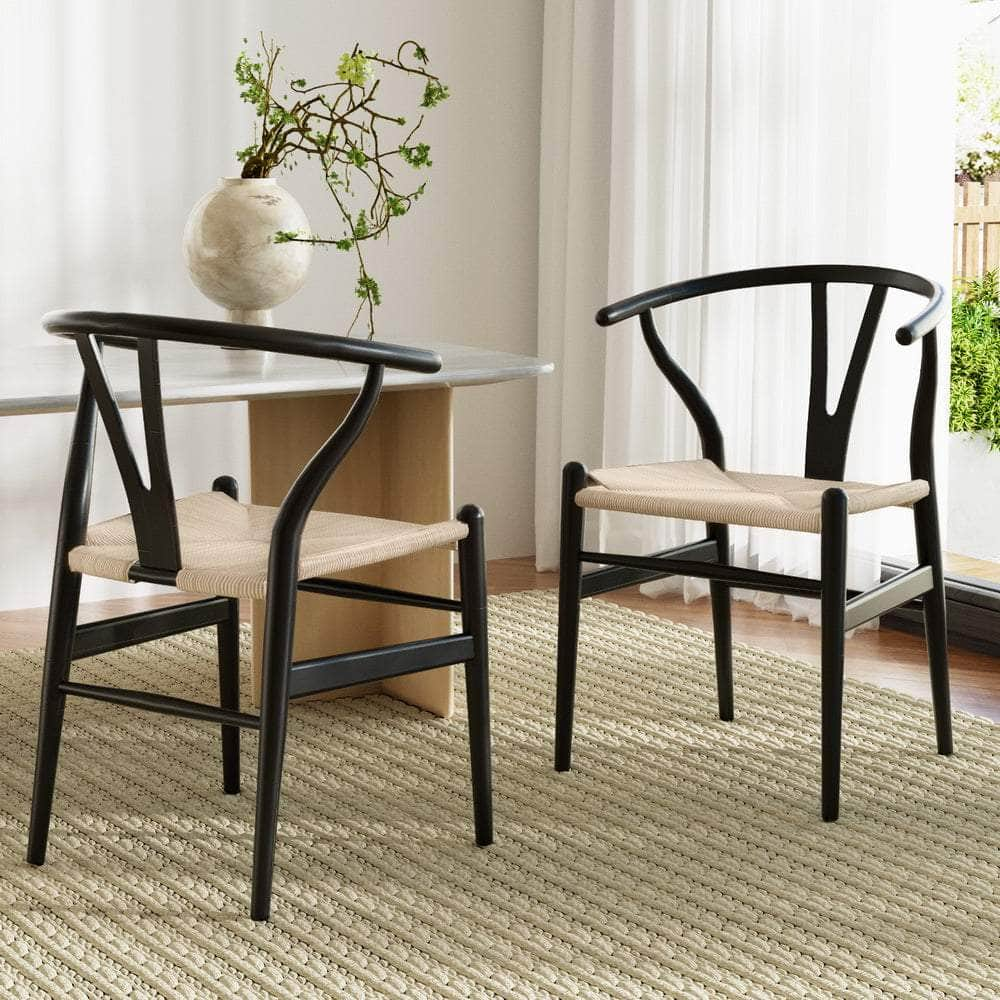 Dining Chairs Wooden Rattan Wishbone Black/Oak