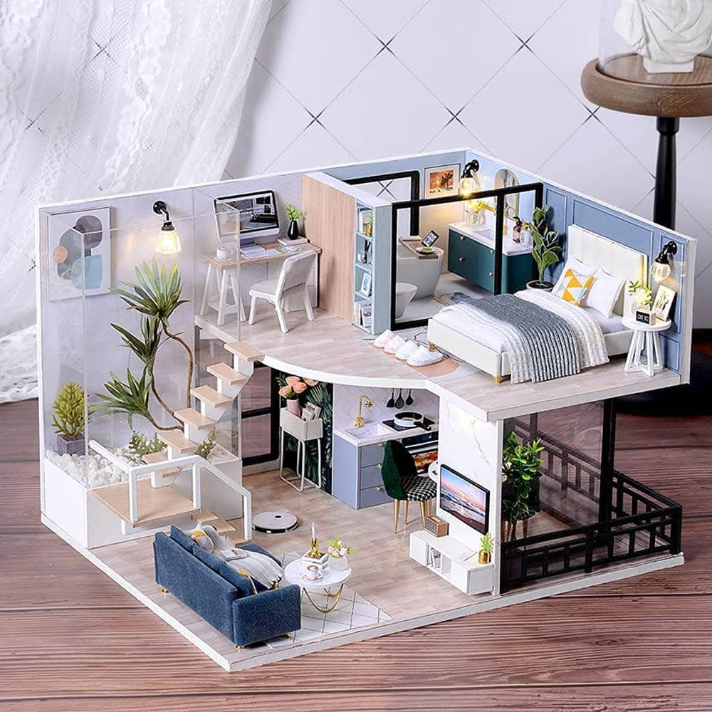 Dollhouse Miniature With Furniture Kit, Dust Proof, Music - Cozy Time