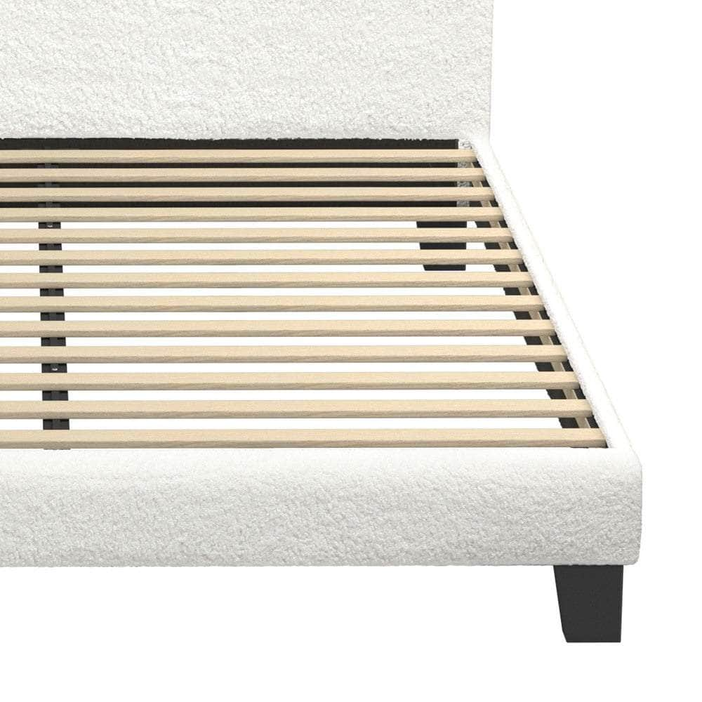 Double Bed Frame with Wooden Slats and Boucle Fabric Bed Base Mattress Platfrom White