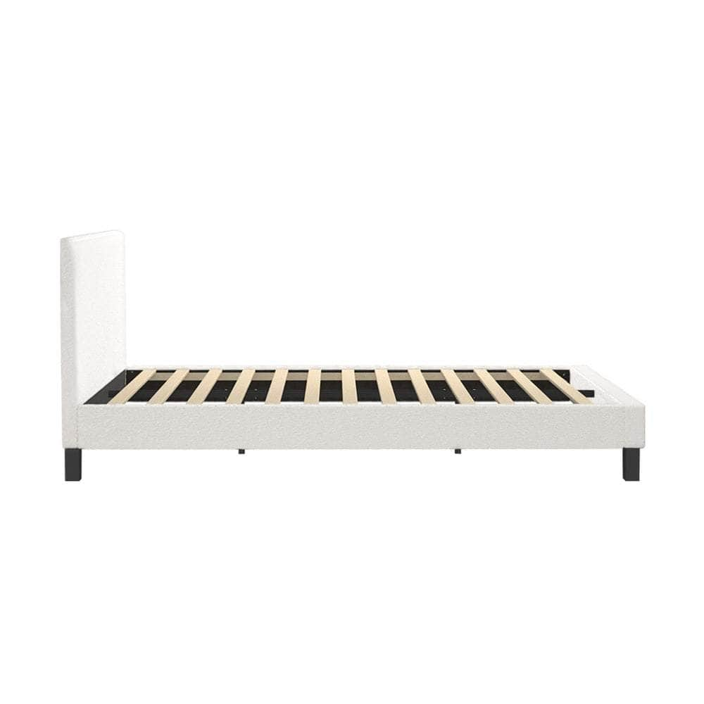 Double Bed Frame with Wooden Slats and Boucle Fabric Bed Base Mattress Platfrom White