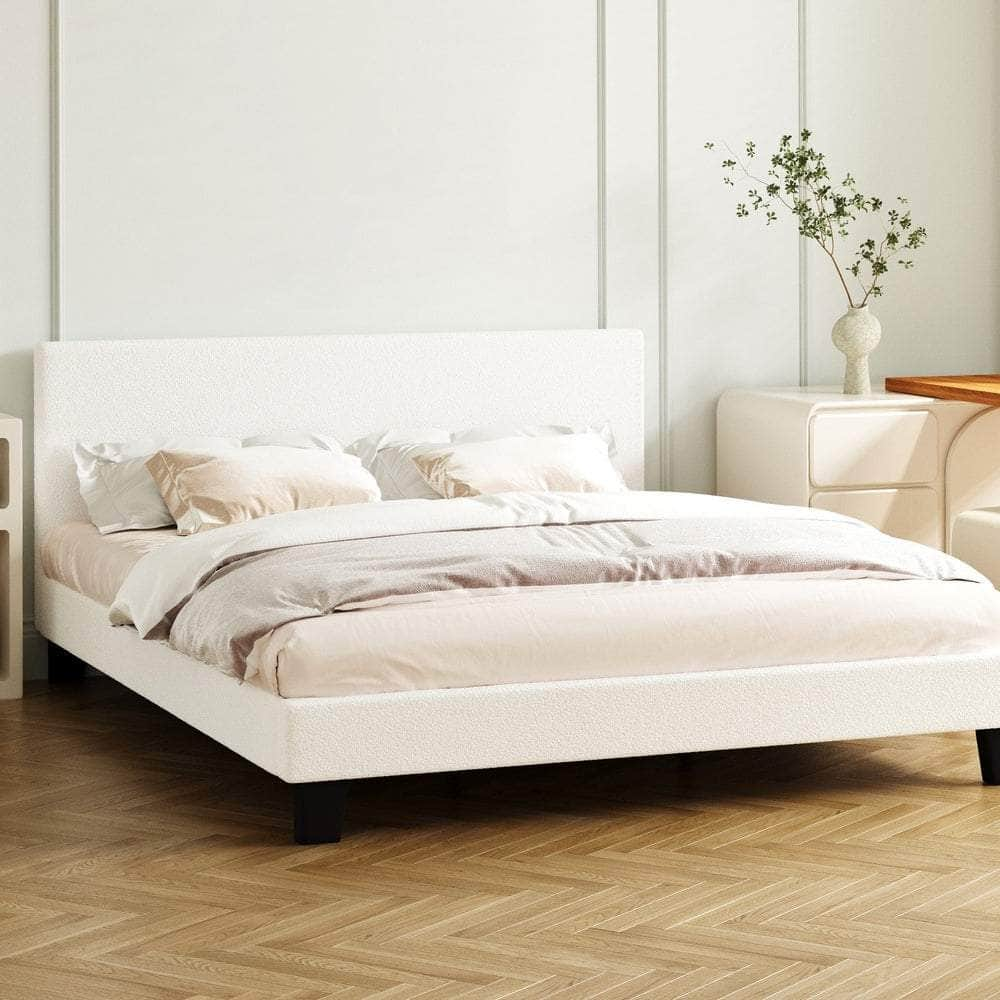 Double Bed Frame with Wooden Slats and Boucle Fabric Bed Base Mattress Platfrom White