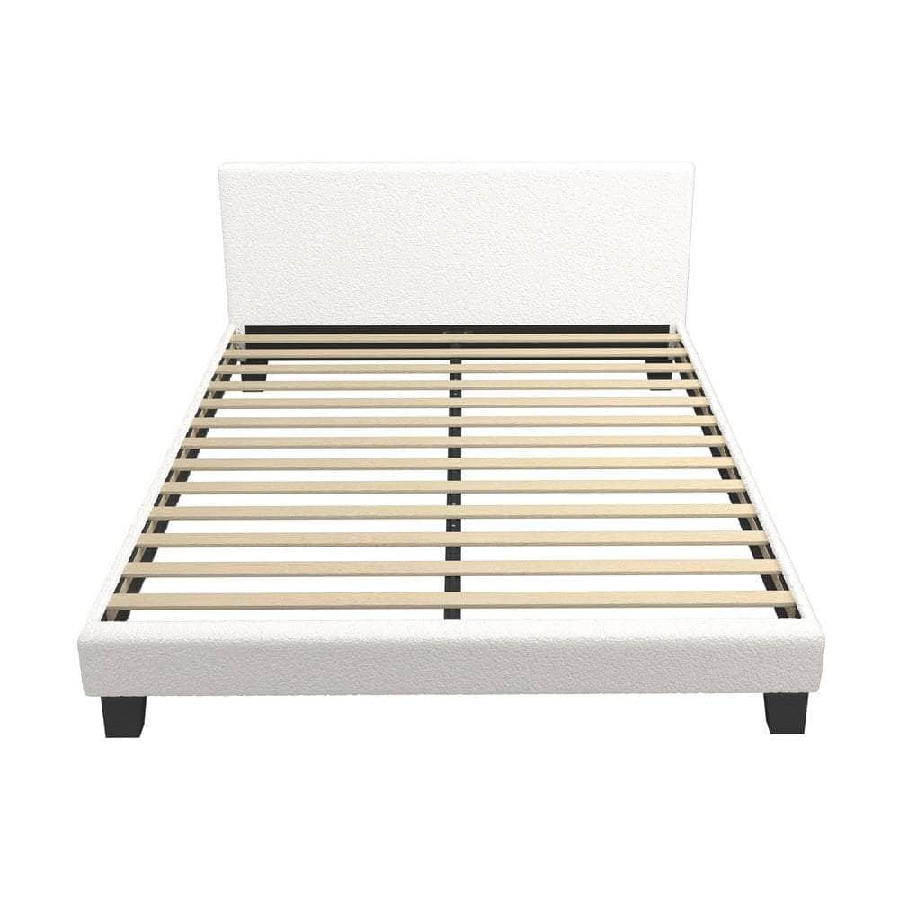 Double Bed Frame with Wooden Slats and Boucle Fabric Bed Base Mattress Platfrom White