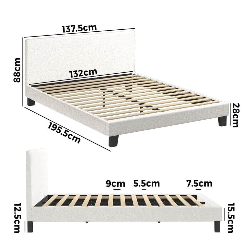 Double Bed Frame with Wooden Slats and Boucle Fabric Bed Base Mattress Platfrom White