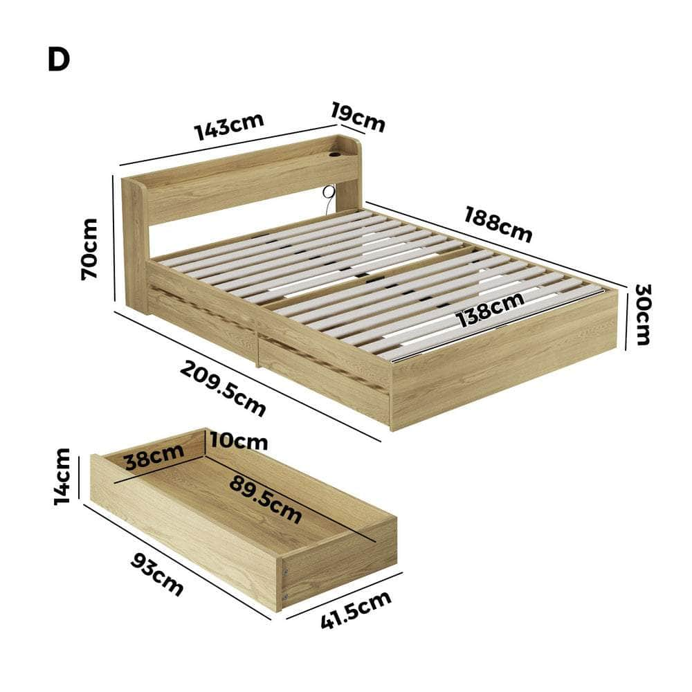 Double/King Single/Queen Bed Frame with Charging Ports & 2 Drawers