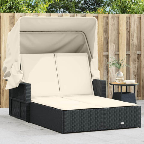 Double Sun Lounger with Canopy and Cushions-Black Poly Rattan