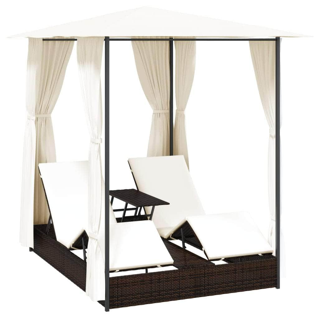 Double Sun Lounger with Curtains Poly Rattan Brown