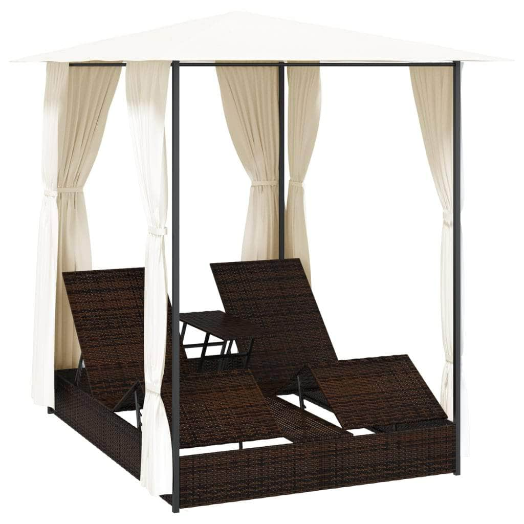 Double Sun Lounger with Curtains Poly Rattan Brown