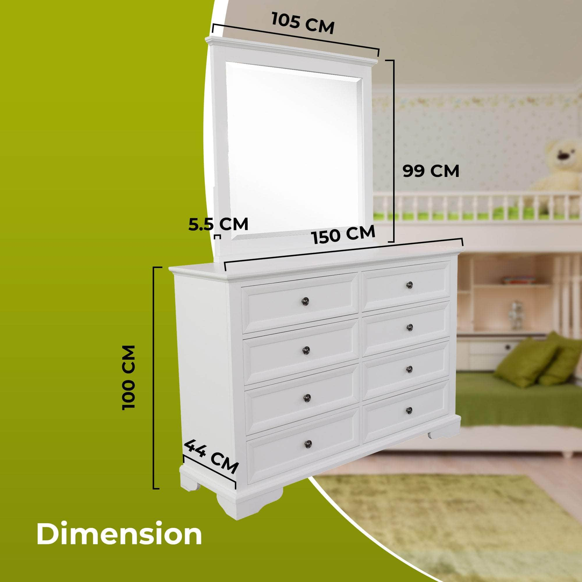 Dresser Mirror 8 Chest Of Drawers Bedroom Timber Storage Cabinet - White