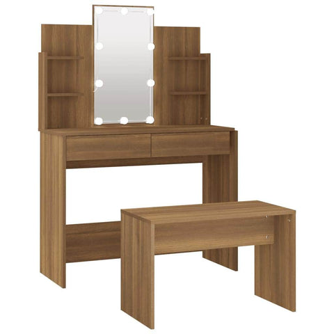 Dressing Table Set with LED Brown Wood