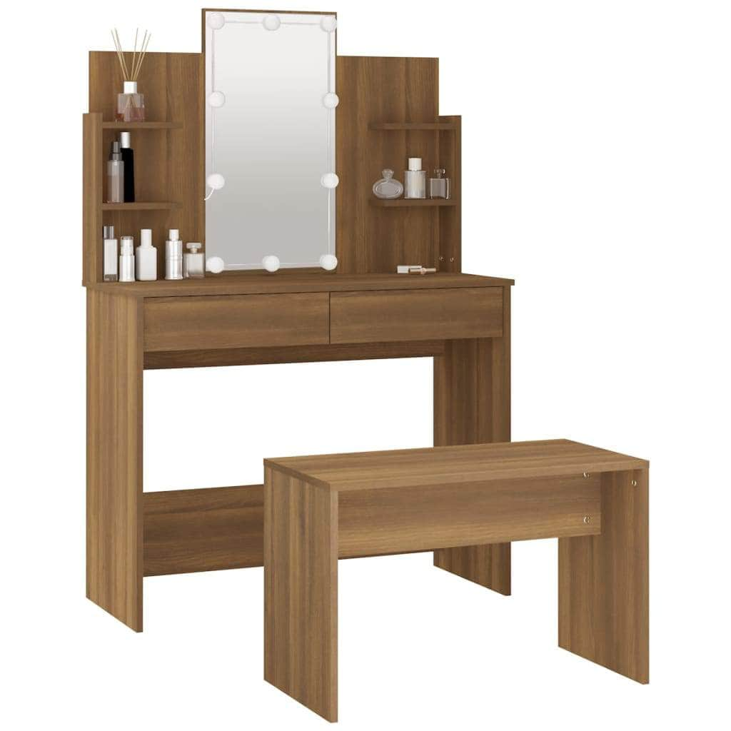 Dressing Table Set with LED Brown Wood