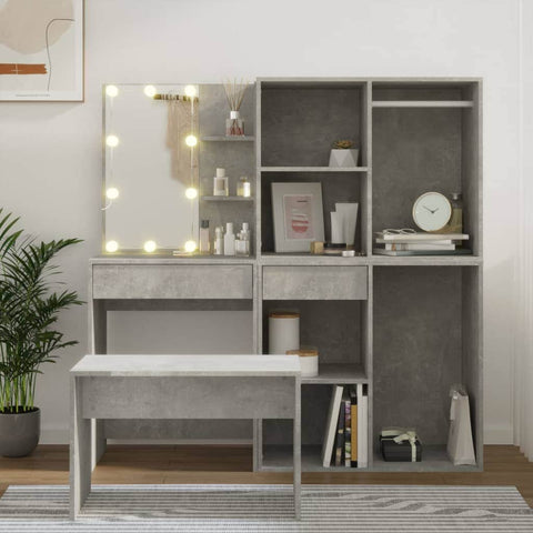 Dressing Table Set with LED Concrete Grey - Engineered Wood