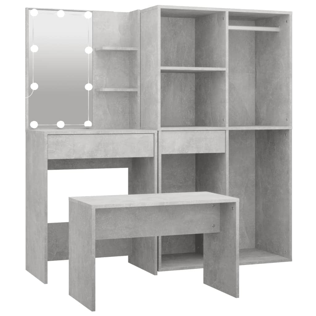 Dressing Table Set with LED Concrete Grey - Engineered Wood