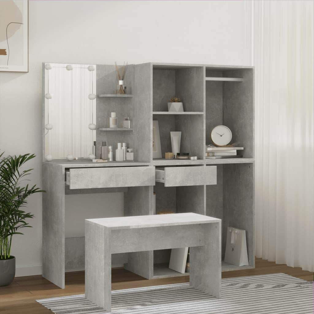 Dressing Table Set with LED Concrete Grey - Engineered Wood