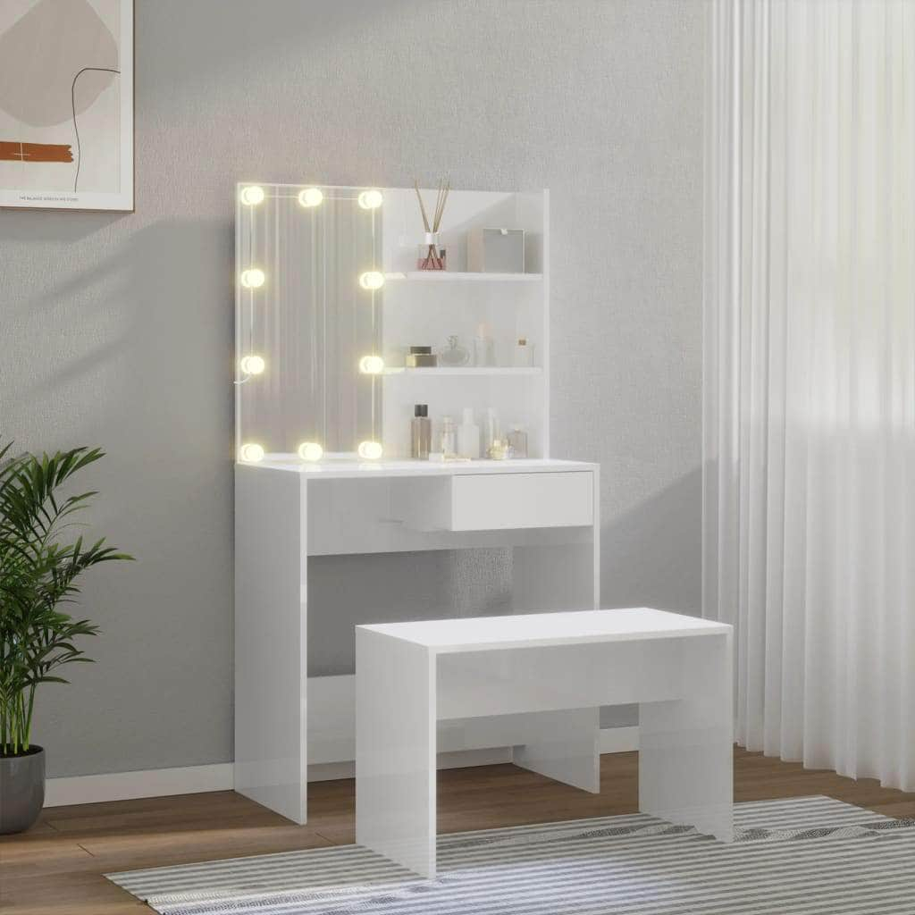 Dressing Table Set with LED High Gloss White