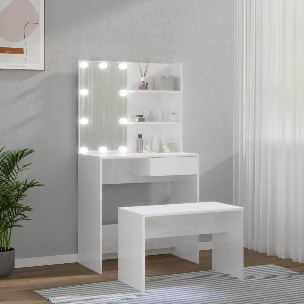 Dressing Table Set with LED High Gloss White