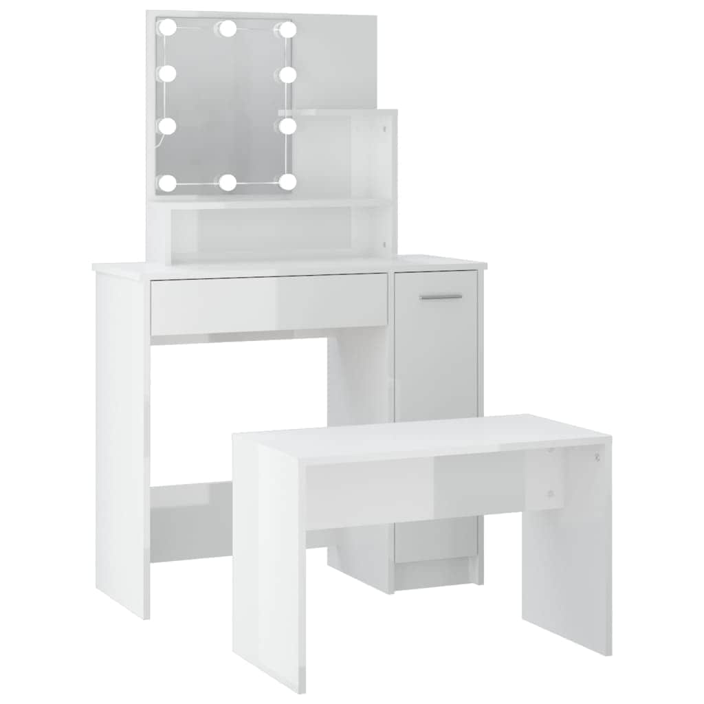 Dressing Table Set with LED High Gloss White - Engineered Wood