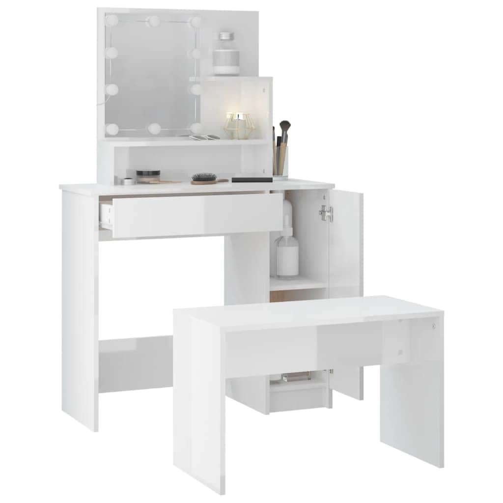 Dressing Table Set with LED High Gloss White - Engineered Wood