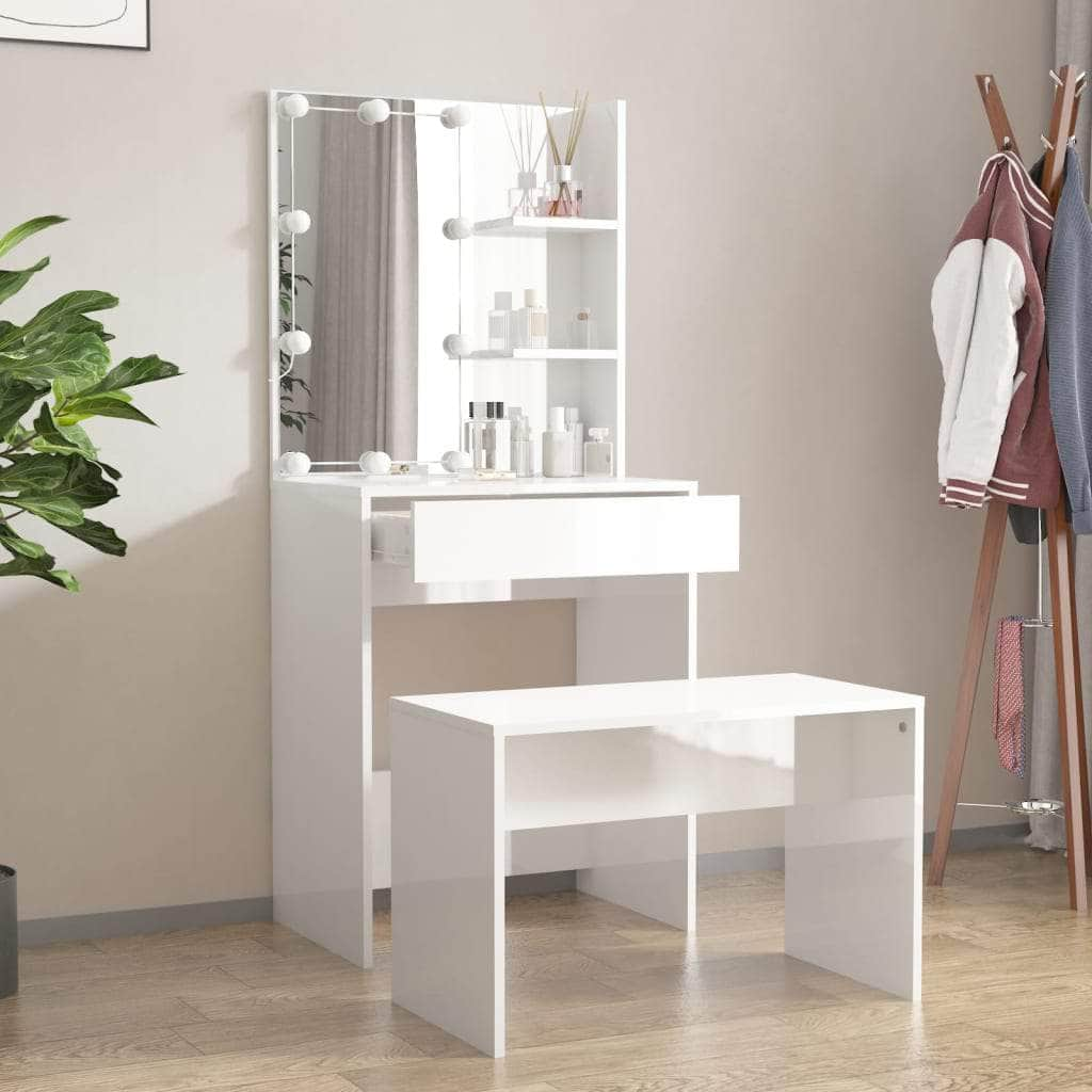 Dressing Table Set with LED High Gloss White- Engineered Wood