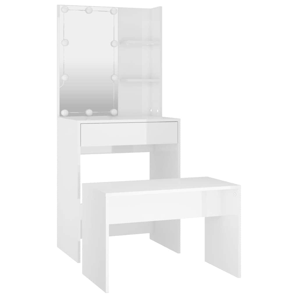 Dressing Table Set with LED High Gloss White- Engineered Wood