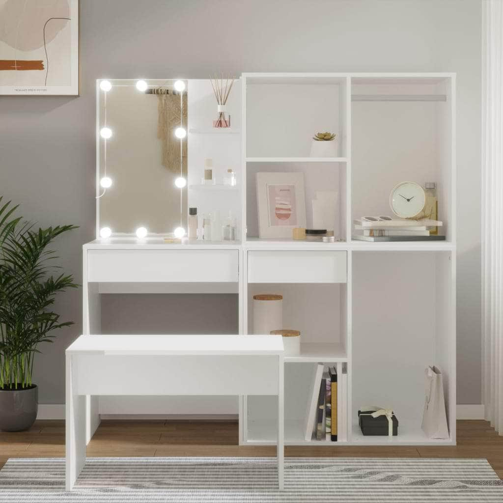 Dressing Table Set with LED - White Engineered Wood