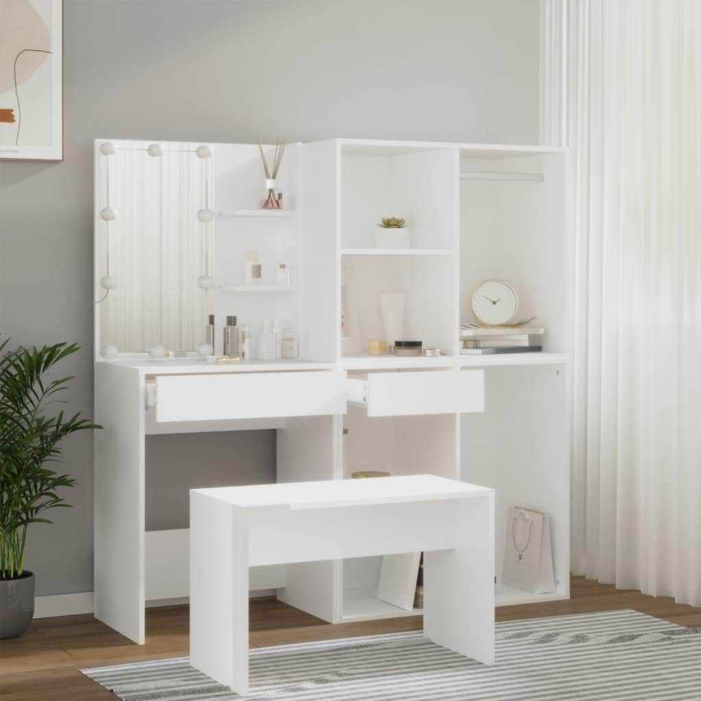 Dressing Table Set with LED - White Engineered Wood