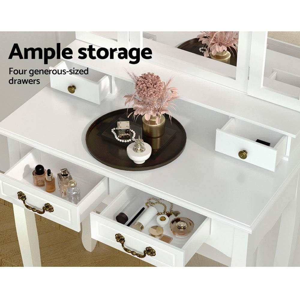 Dressing Table Stool Set Foldable Mirror White