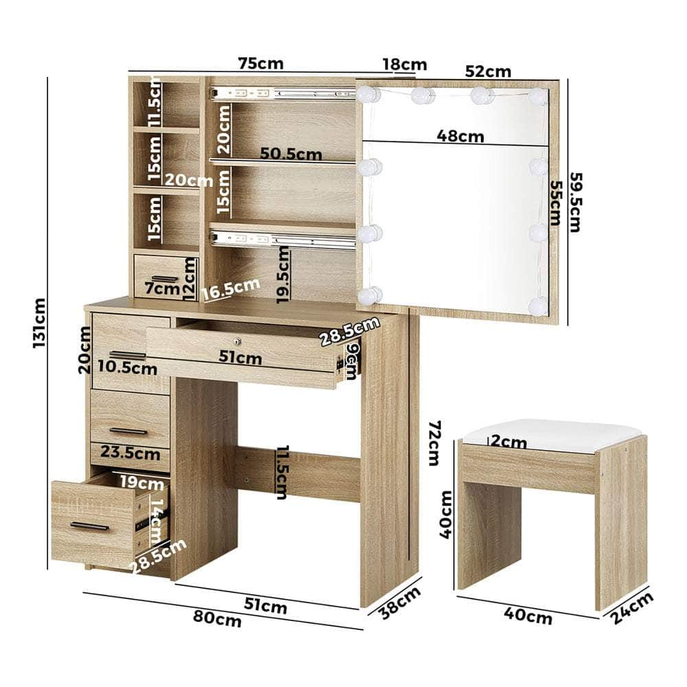 Dressing Table Stool Set Makeup Slide Mirror Drawer 10 LED Bulbs Wooden