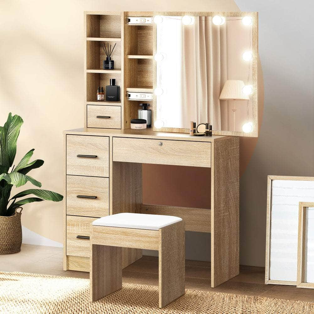 Dressing Table Stool Set Makeup Slide Mirror Drawer 10 LED Bulbs Wooden