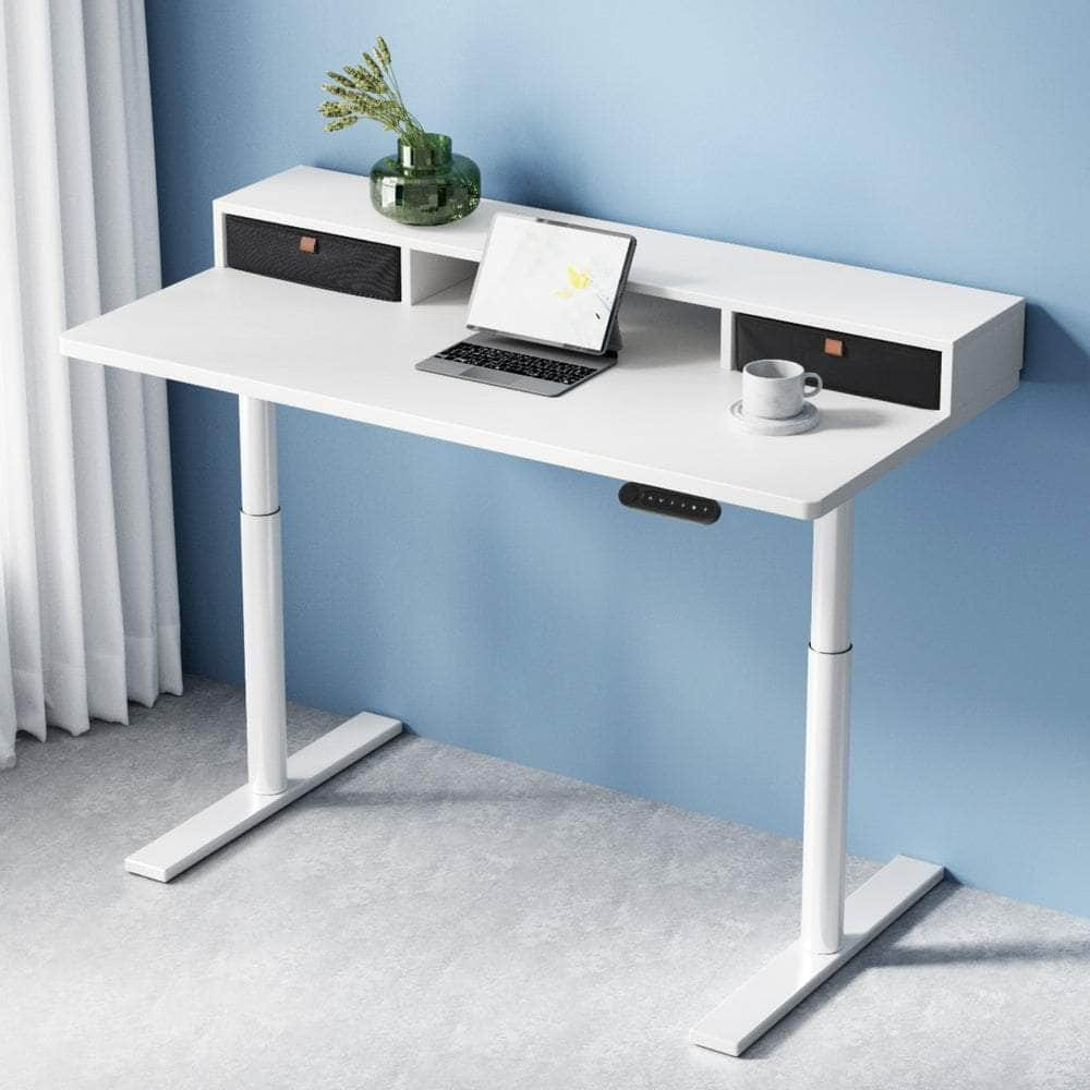 Electric Standing Desk With Storage Rack Shelf Drawers White 120Cm