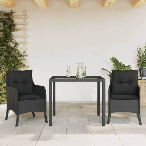 Elegant 3-Piece Garden Dining Ensemble in Black Poly Rattan with Plush Cushions