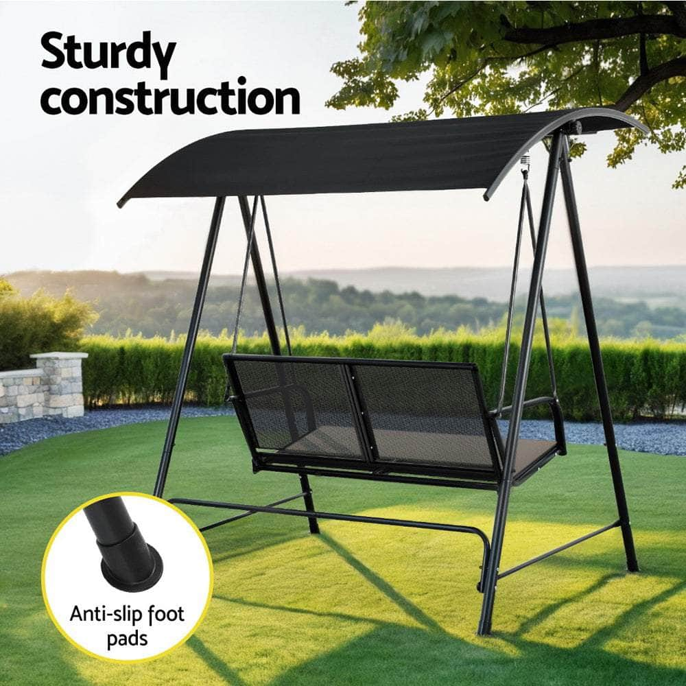 Elegant Canopy Swing Chair: 2-Seater Patio Bliss in Black