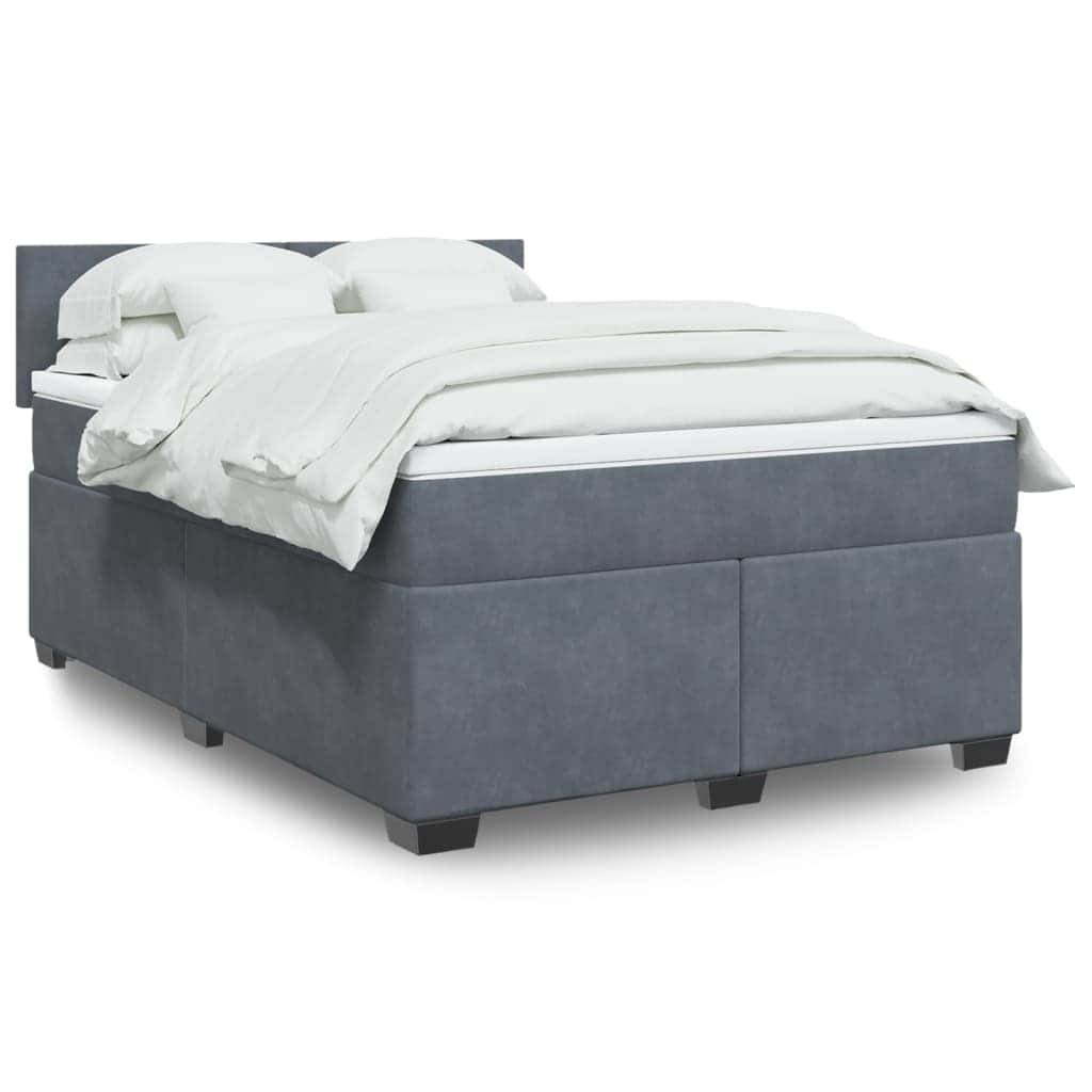 Elegant Dark Grey Double Velvet Box Spring Bed with Mattress