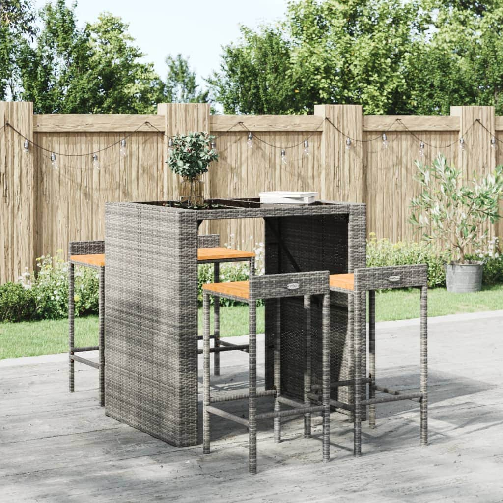 Elegant Duo: Poly Rattan & Acacia Wood Bar Stools (Set of 4)Black/Grey