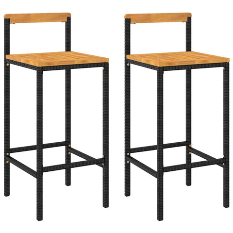 Elegant Duo: Poly Rattan and Solid Wood Acacia Bar Stools (Set of 2)Black\Grey